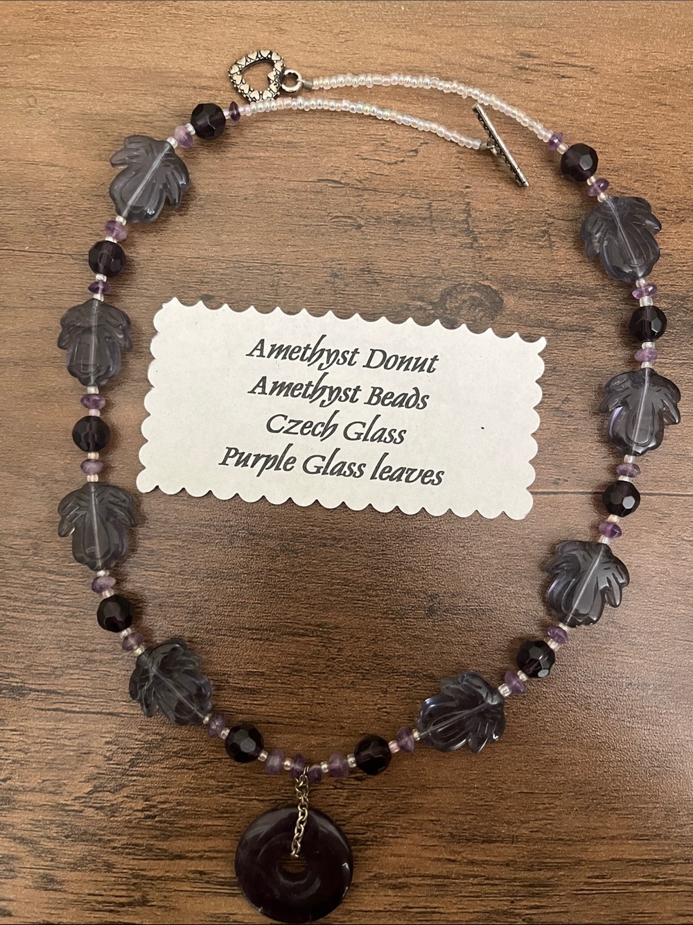 Handmade Purple Glass Leaf Necklace with Amethyst Donut Pendant